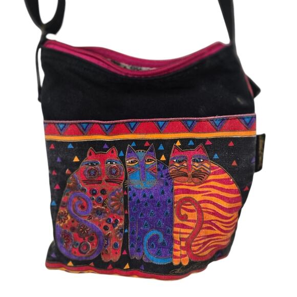 Laurel Burch Feline Friends  Cats Crossbody Bag Purse Canvas Zip Black Red Boho - Picture 2 of 12